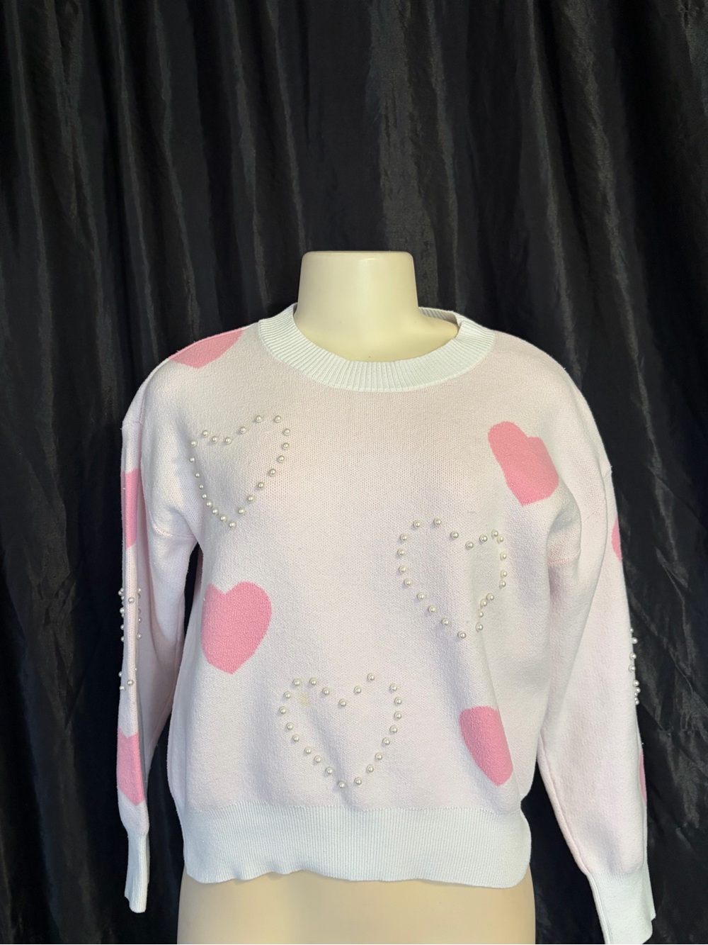 Nanette Lepore Pink Heart Pearl Beaded Sweater Pink & White Medium